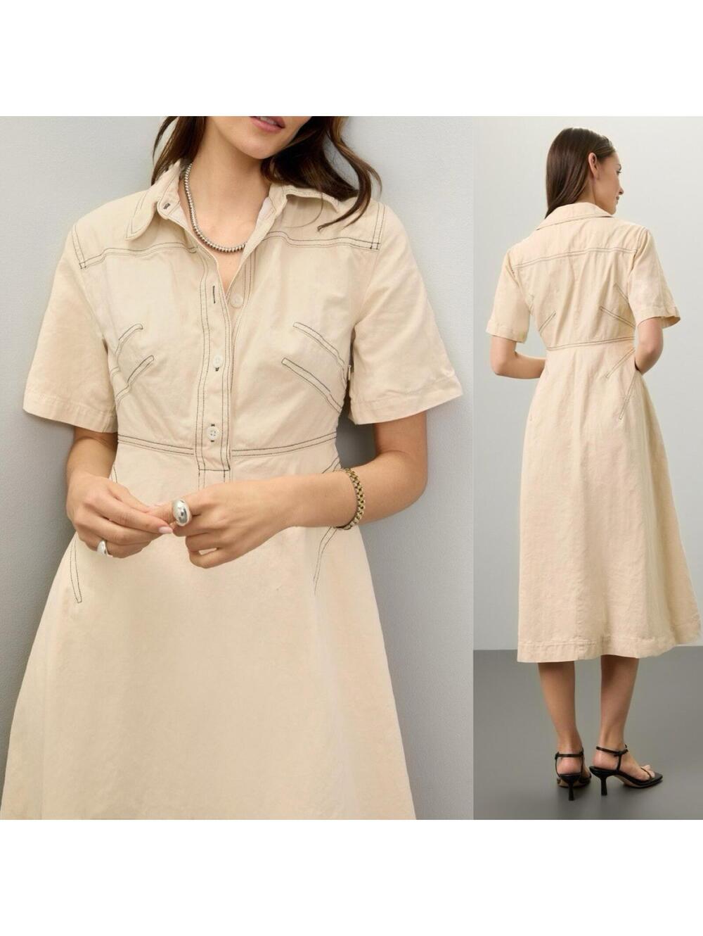 Rosetta Getty X RTR Cottagecore Beige Contrast Stitch Midi Cotton Dress -Size 8